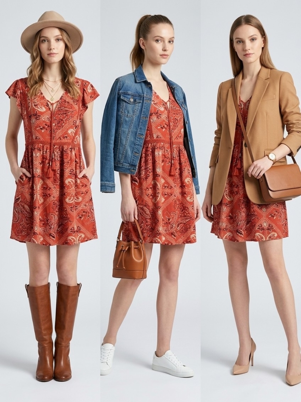 True Craft Rust Paisley Short Sleeve V-Neck Mini Dress